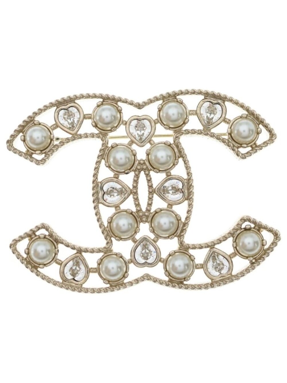 Chanel CC Logo Faux Pearl Heart Rhinestone Brooch Gold